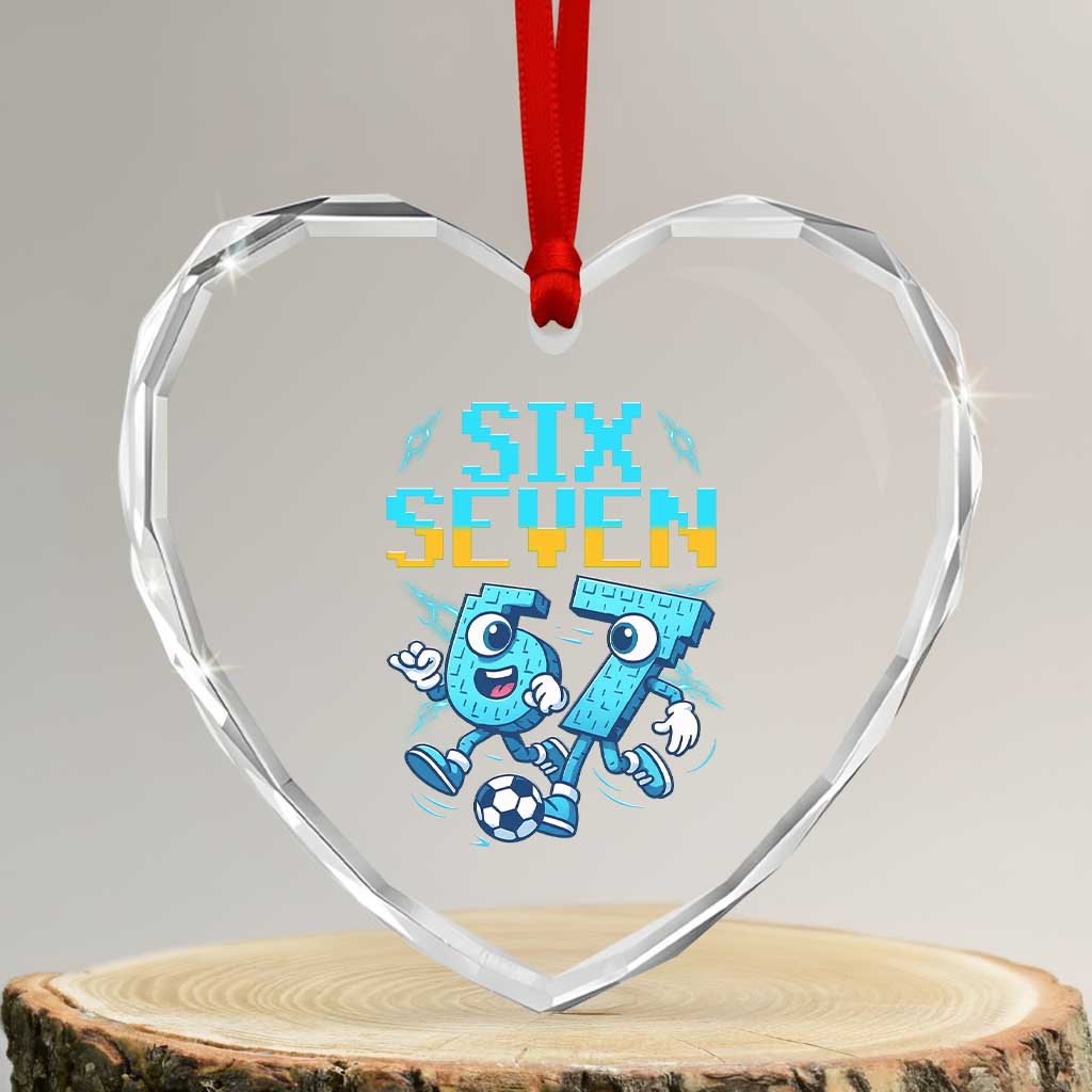 Funny Six Seven Pixel Playing Soccer Heart Crystal Glass Ornament Gen Z Alpha Gift