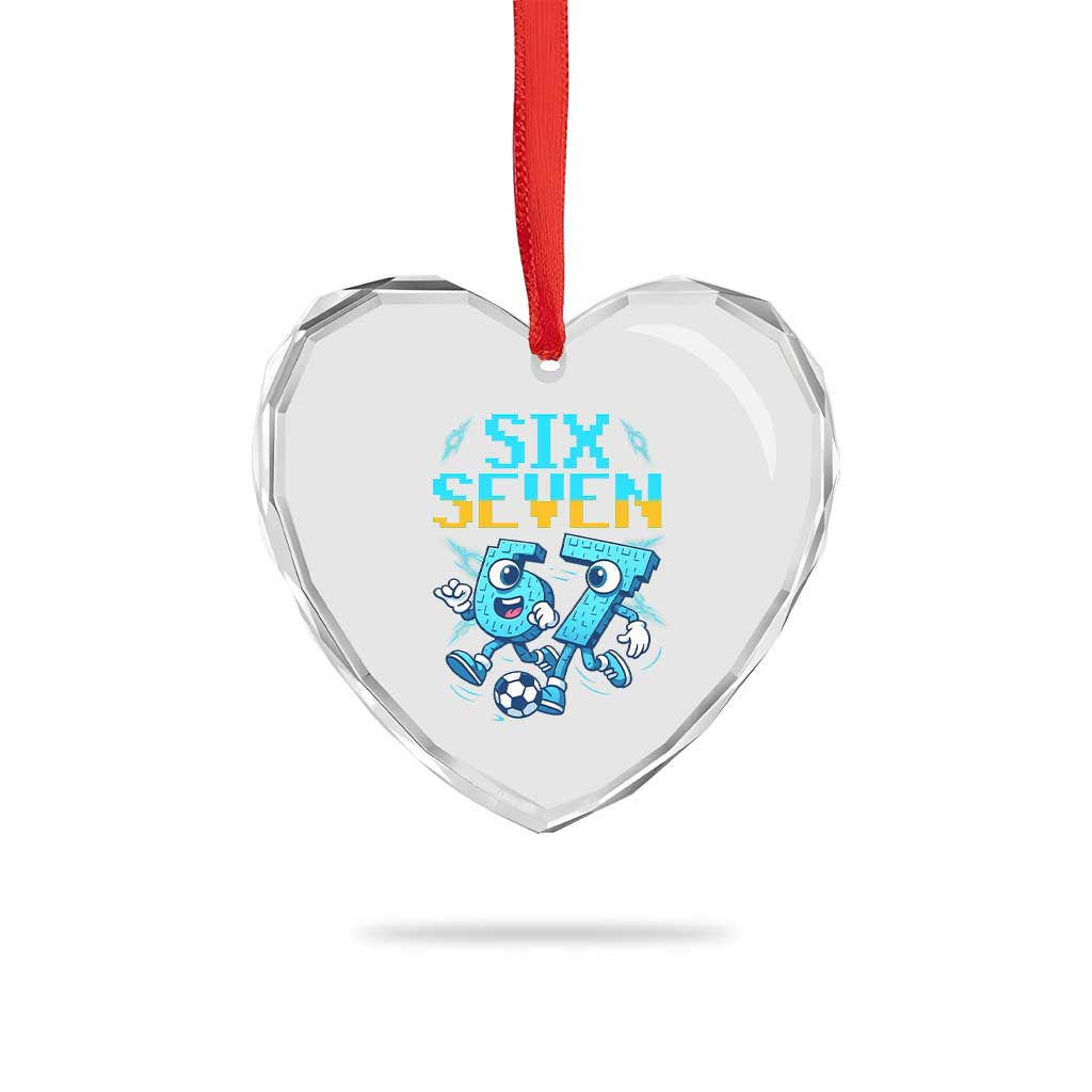 Funny Six Seven Pixel Playing Soccer Heart Crystal Glass Ornament Gen Z Alpha Gift