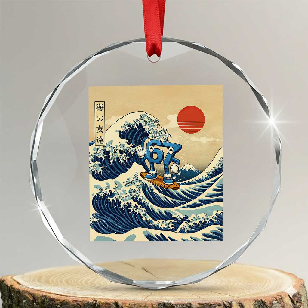 Funny Six Seven Surfing Crystal Glass Ornament The Great Wave Kanagawa Japanese 67 Brainrot Meme