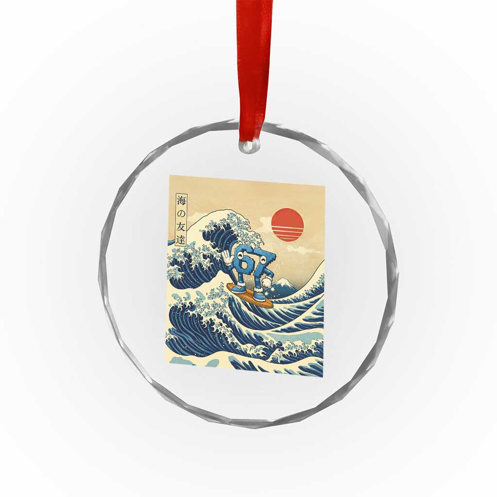 Funny Six Seven Surfing Crystal Glass Ornament The Great Wave Kanagawa Japanese 67 Brainrot Meme
