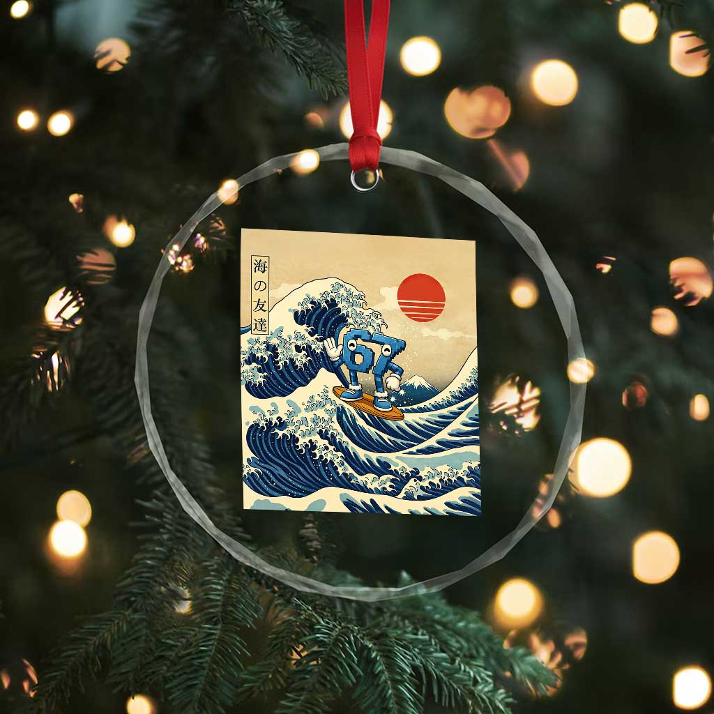 Funny Six Seven Surfing Crystal Glass Ornament The Great Wave Kanagawa Japanese 67 Brainrot Meme