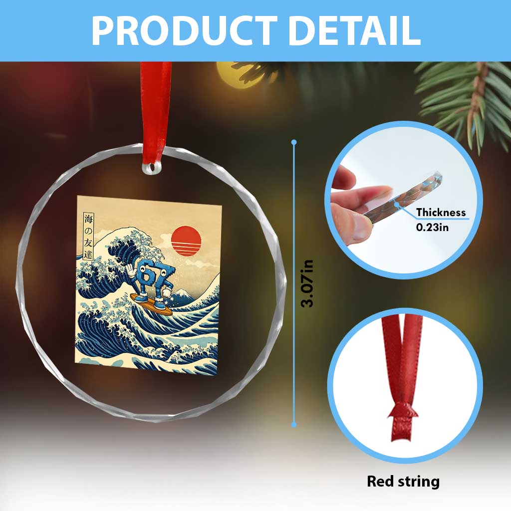 Funny Six Seven Surfing Crystal Glass Ornament The Great Wave Kanagawa Japanese 67 Brainrot Meme