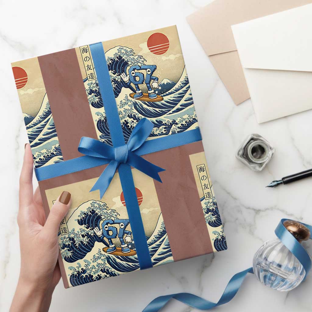 Funny Six Seven Surfing Wrapping Paper Roll The Great Wave Kanagawa Japanese 67 Brainrot Meme