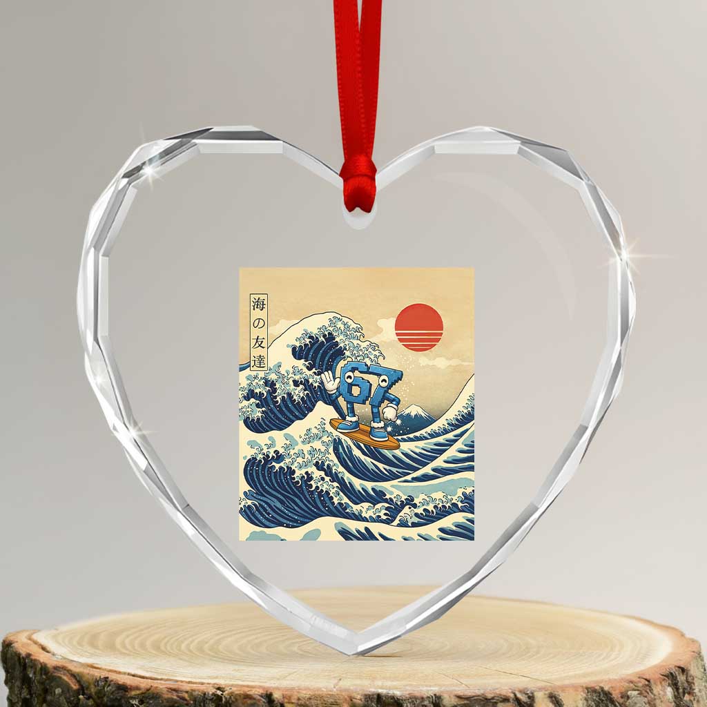 Funny Six Seven Surfing Heart Crystal Glass Ornament The Great Wave Kanagawa Japanese 67 Brainrot Meme