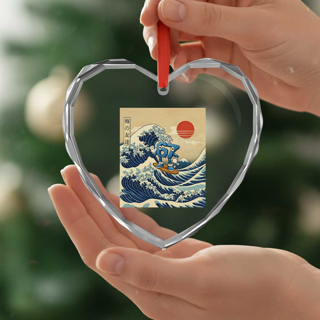 Funny Six Seven Surfing Heart Crystal Glass Ornament The Great Wave Kanagawa Japanese 67 Brainrot Meme