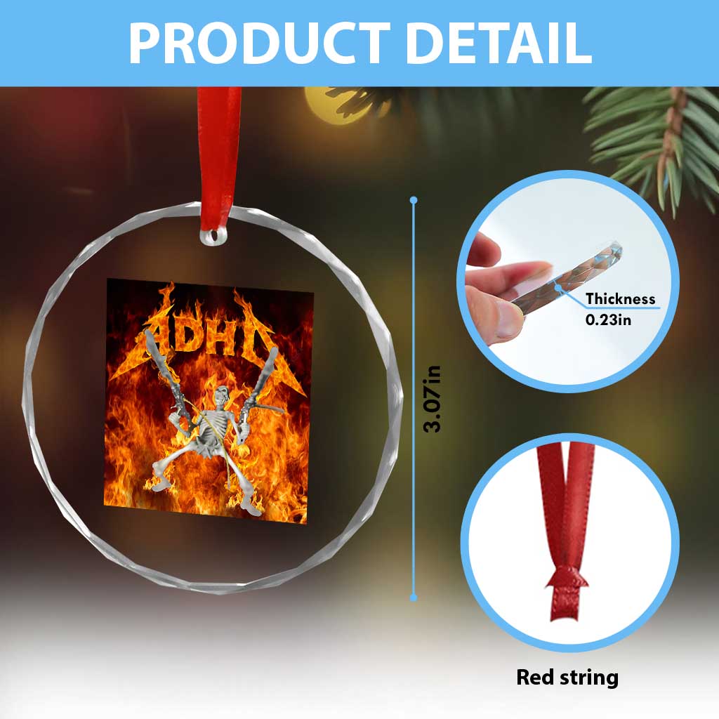 Funny Skeleton ADHD Crystal Glass Ornament Meme Flames Neurodivergent Gen Z TS10