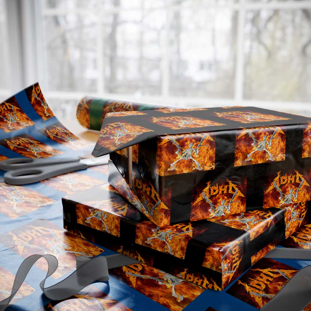 Funny Skeleton ADHD Wrapping Paper Roll Meme Flames Neurodivergent Gen Z - Wonder Print Shop