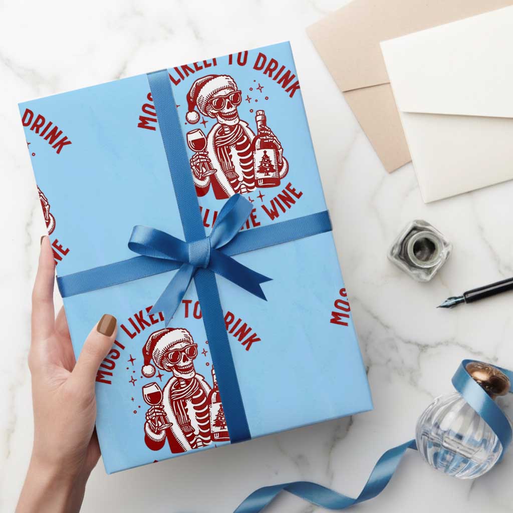 Funny Skeleton Christmas Wrapping Paper Roll Most Likely To Drink All The Wine - Wonder Print Shop