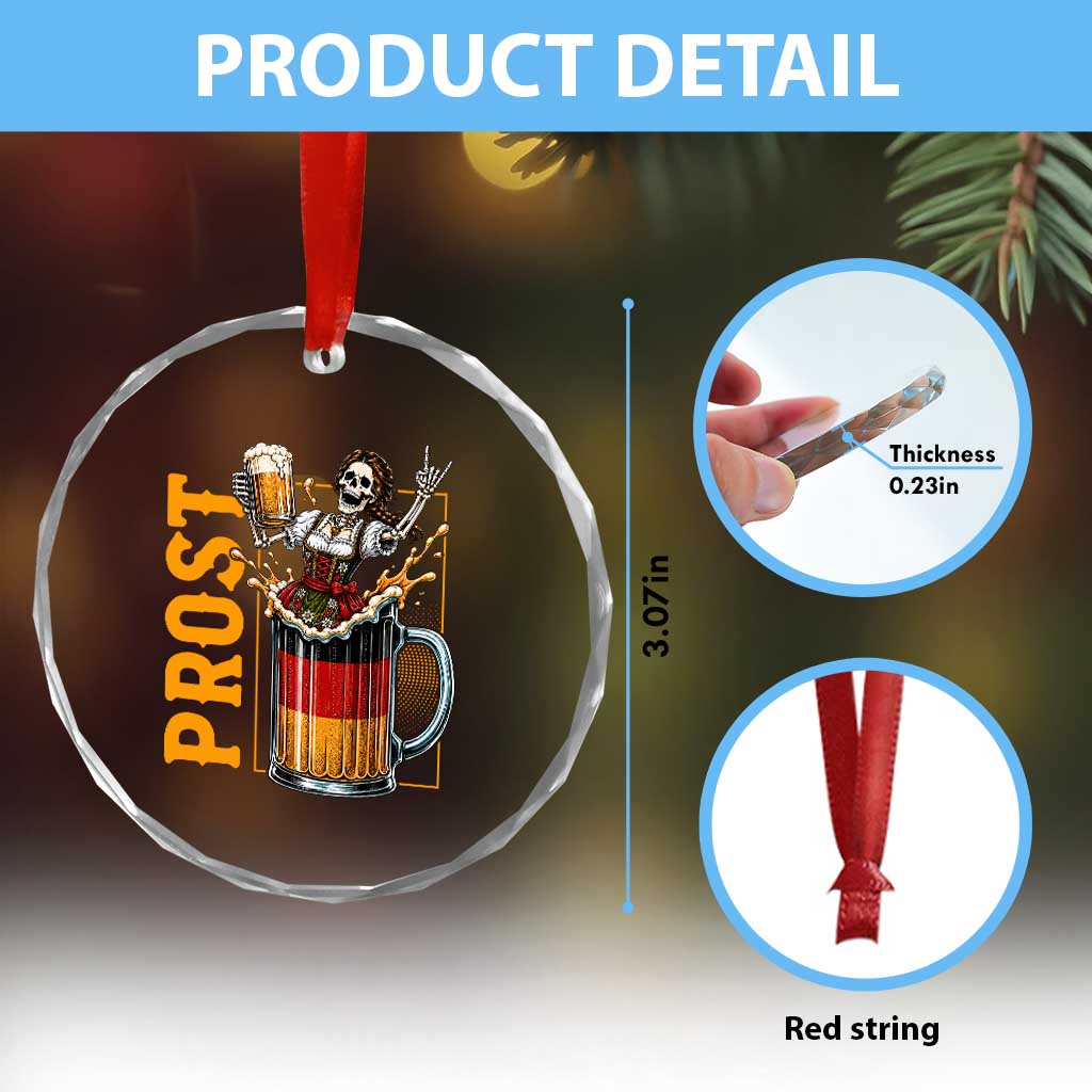 Funny Skeleton Oktoberfest Crystal Glass Ornament Spooky Prost German Beer Drinker Graphic