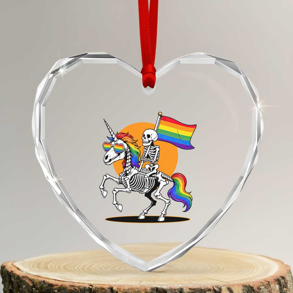 Funny Skeleton Riding Unicorn LGBTQ Pride Heart Crystal Glass Ornament Rainbow Fantasy Graphic