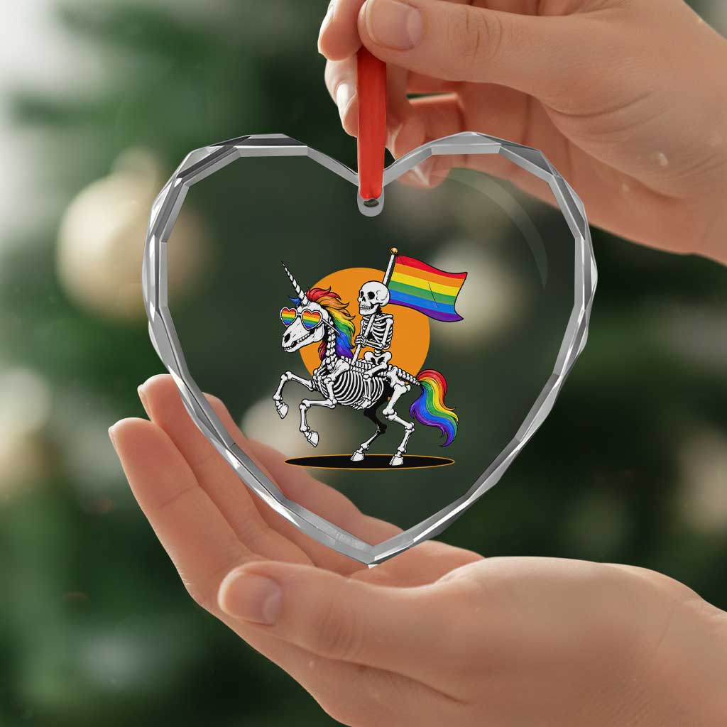 Funny Skeleton Riding Unicorn LGBTQ Pride Heart Crystal Glass Ornament Rainbow Fantasy Graphic