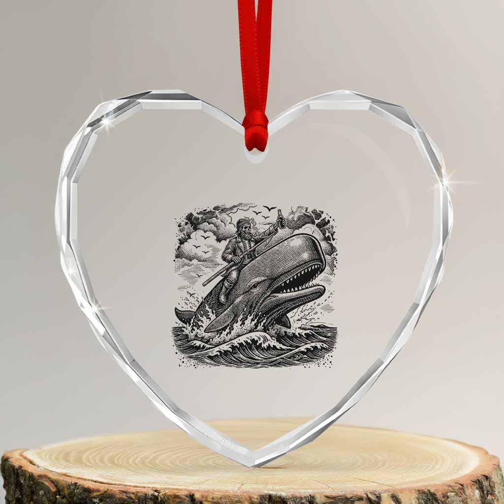Funny Skeleton Whale Rider Heart Crystal Glass Ornament Dark Maritime Gothic Vintage Nautical Graphic