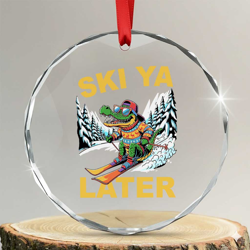 Funny Skiing Alligator Crystal Glass Ornament Ski Ya Later Skier Snow Mountain Winter Sport - Wonder Print Shop