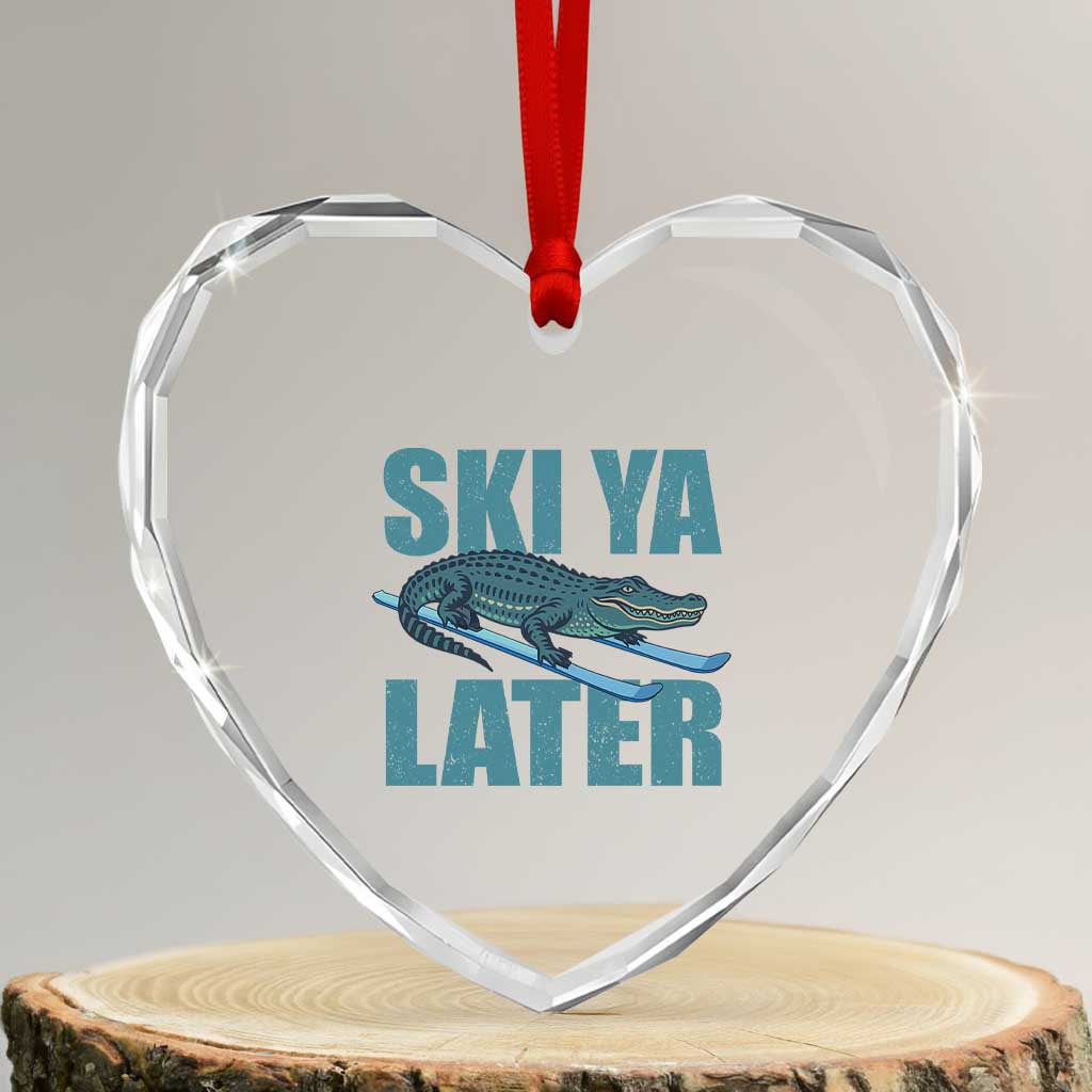 Funny Skiing Alligator Heart Crystal Glass Ornament Ski Ya Later Skier Winter Sport - Wonder Print Shop