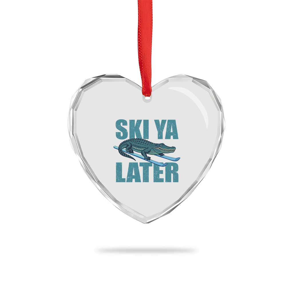 Funny Skiing Alligator Heart Crystal Glass Ornament Ski Ya Later Skier Winter Sport - Wonder Print Shop