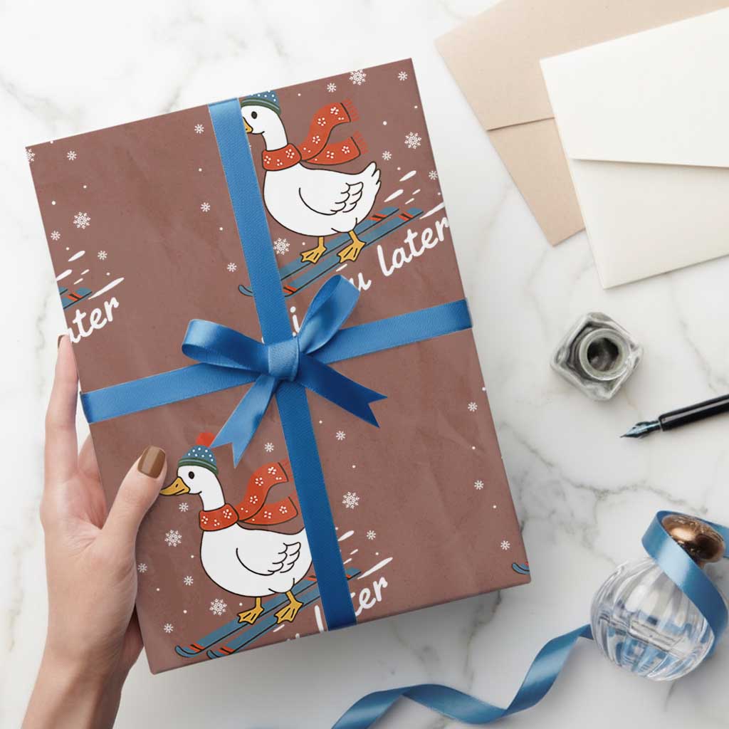 Funny Skiing Goose Wrapping Paper Roll Ski You Later Winter Vacation Sport - Wonder Print Shop