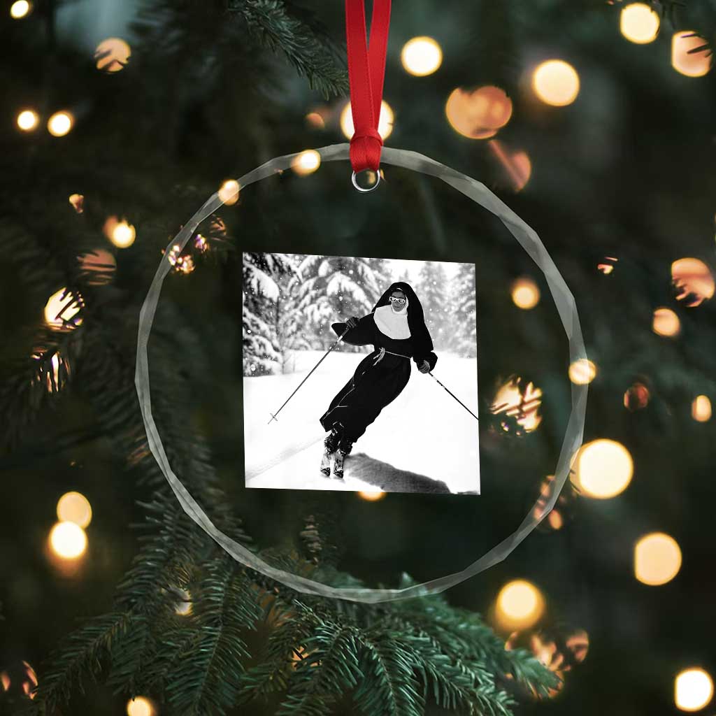 Funny Skiing Nun Graphics Photo Skier Winter Sport Crystal Glass Ornament - Wonder Print Shop