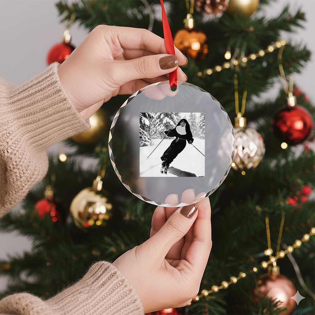 Funny Skiing Nun Graphics Photo Skier Winter Sport Crystal Glass Ornament - Wonder Print Shop
