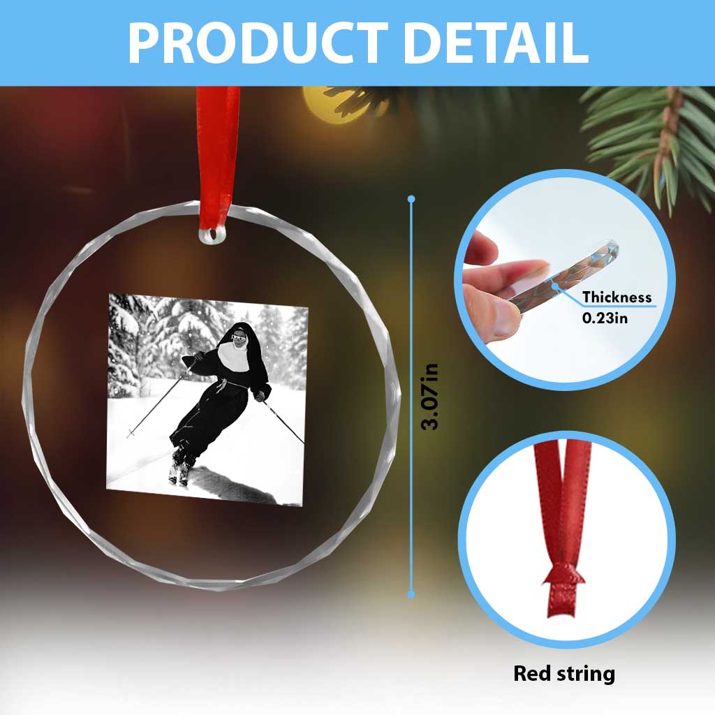 Funny Skiing Nun Graphics Photo Skier Winter Sport Crystal Glass Ornament - Wonder Print Shop