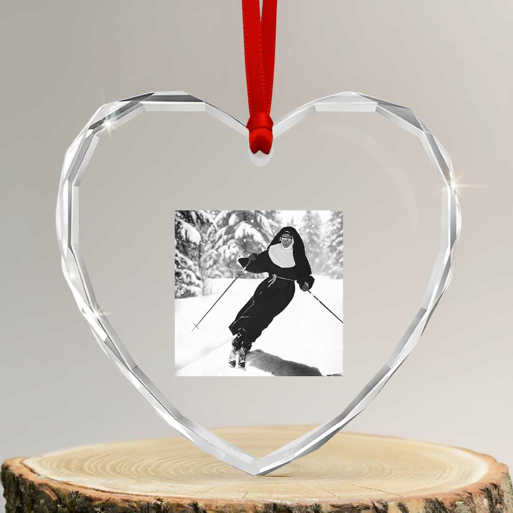 Funny Skiing Nun Graphics Photo Skier Winter Sport Heart Crystal Glass Ornament - Wonder Print Shop