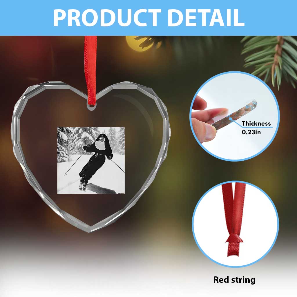 Funny Skiing Nun Graphics Photo Skier Winter Sport Heart Crystal Glass Ornament - Wonder Print Shop