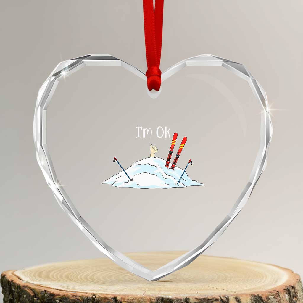 Funny Skiing Snowboarding Heart Crystal Glass Ornament I Am Okay Ski Crash Winter Sport - Wonder Print Shop