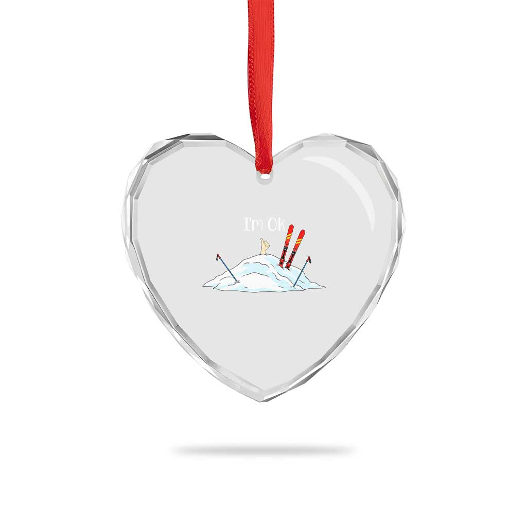 Funny Skiing Snowboarding Heart Crystal Glass Ornament I Am Okay Ski Crash Winter Sport - Wonder Print Shop