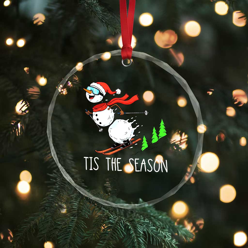Funny Skiing Snowman Crystal Glass Ornament Funny Tis The Season Snow Ski Lover Skier - Wonder Print Shop