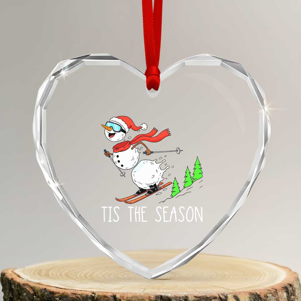 Funny Skiing Snowman Heart Crystal Glass Ornament Funny Tis The Season Snow Ski Lover Skier - Wonder Print Shop