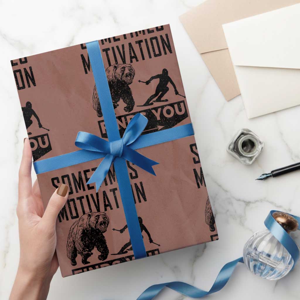 Funny Skiing Wrapping Paper Roll Sometimes Motivation Finds You Ski Mountain Bear - Wonder Print Shop