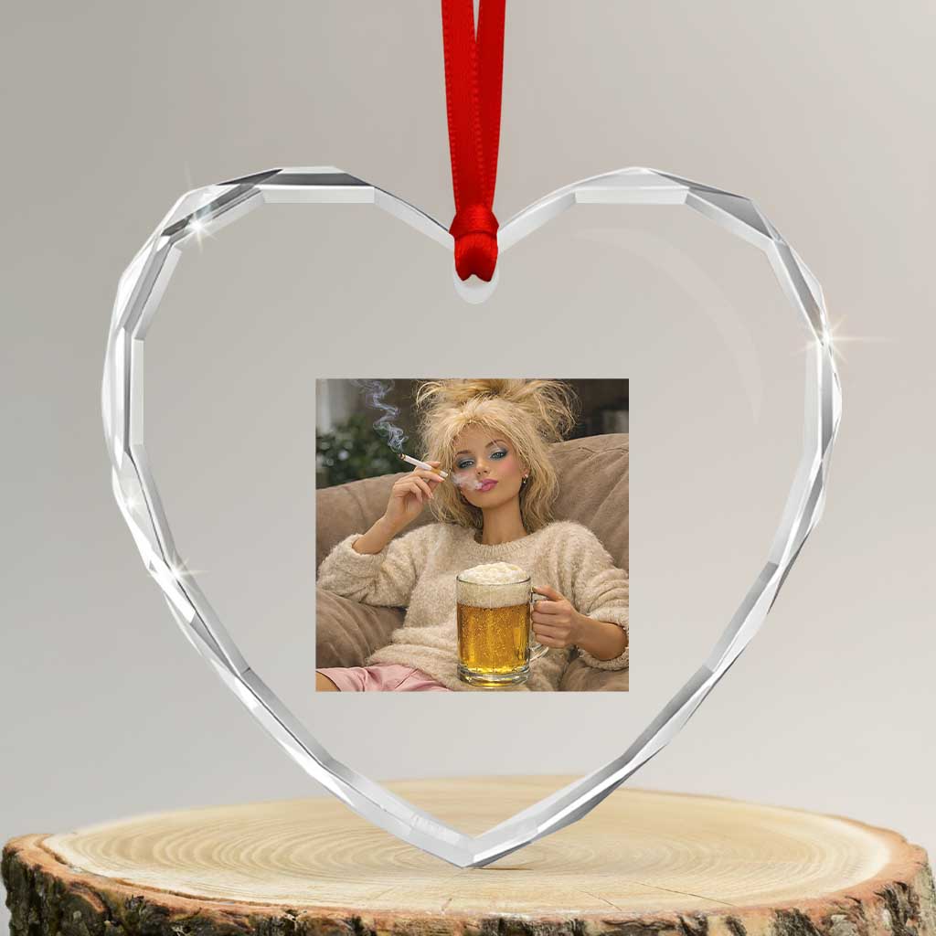 Funny Smoking And Drinking Doll Meme Heart Crystal Glass Ornament Weekend Relaxation