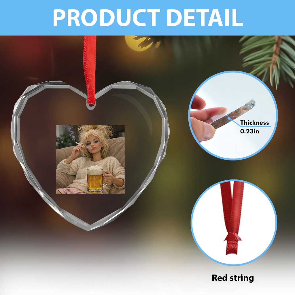 Funny Smoking And Drinking Doll Meme Heart Crystal Glass Ornament Weekend Relaxation