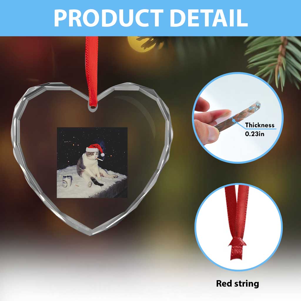 Funny Smoking Cat Christmas Meme Heart Crystal Glass Ornament - Wonder Print Shop
