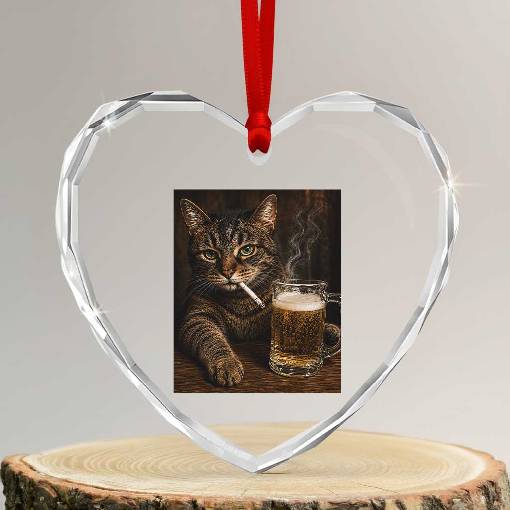 Funny Smoking Cat Heart Crystal Glass Ornament Cigarette Kitty Beer Lover