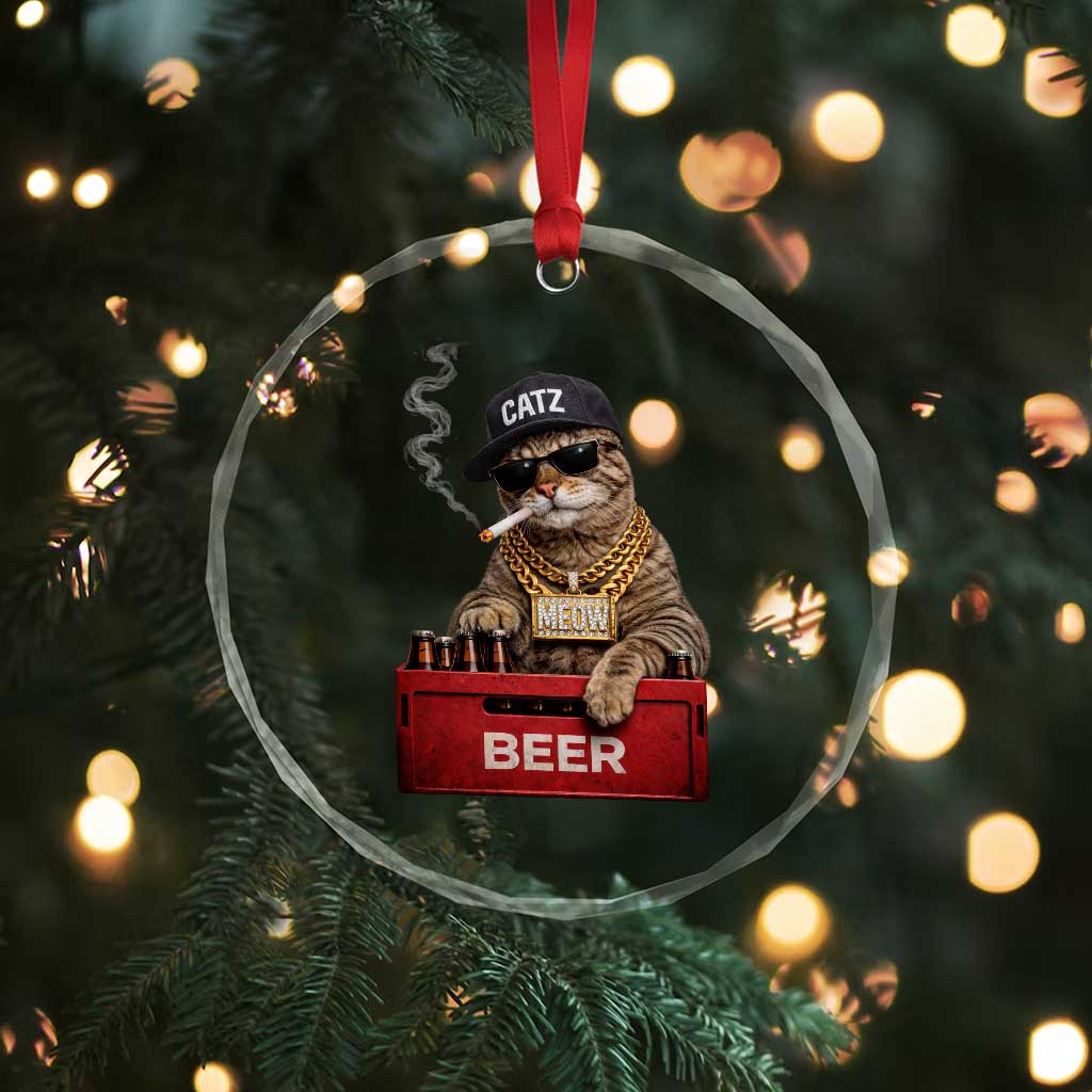 Funny Smoking Cat Meme Crystal Glass Ornament Vintage Graphic Cigarette Kitty Beer Cat Lover