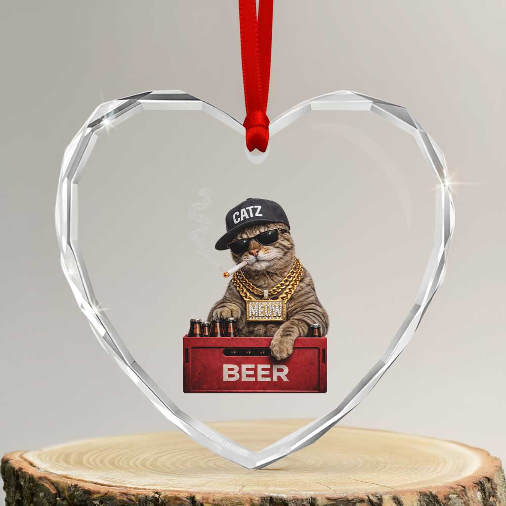 Funny Smoking Cat Meme Heart Crystal Glass Ornament Vintage Graphic Cigarette Kitty Beer Cat Lover