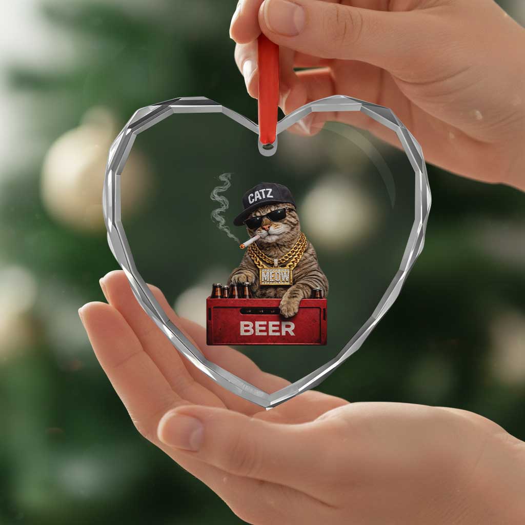 Funny Smoking Cat Meme Heart Crystal Glass Ornament Vintage Graphic Cigarette Kitty Beer Cat Lover