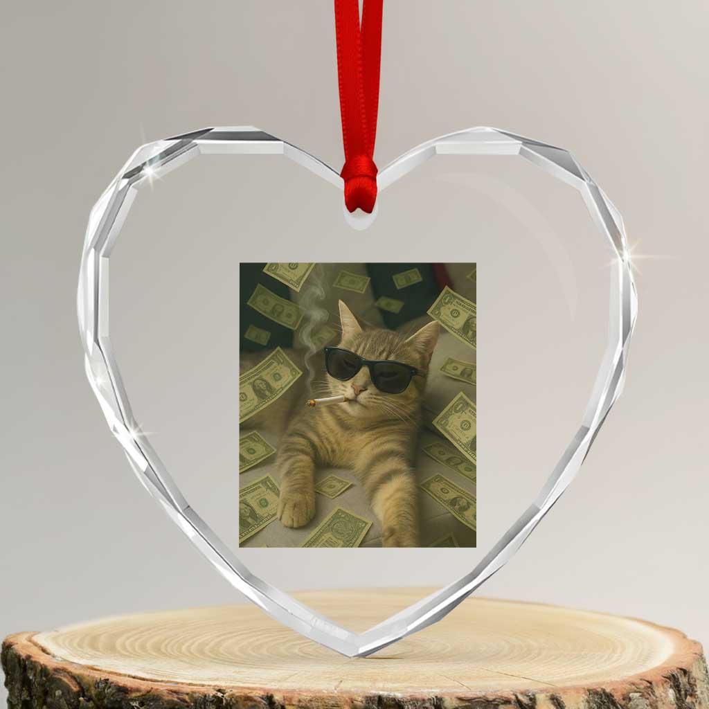 Funny Smoking Cat Selfie Meme Heart Crystal Glass Ornament Gen Z Joke - Wonder Print Shop