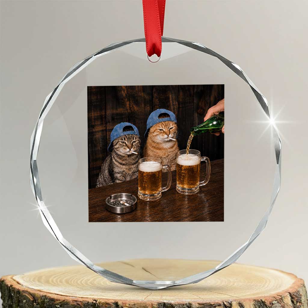 Funny Smoking Cats Drinking Beer at the Bar Crystal Glass Ornament Funny Bad Boys Cigarette Kitty Gen Z Meme