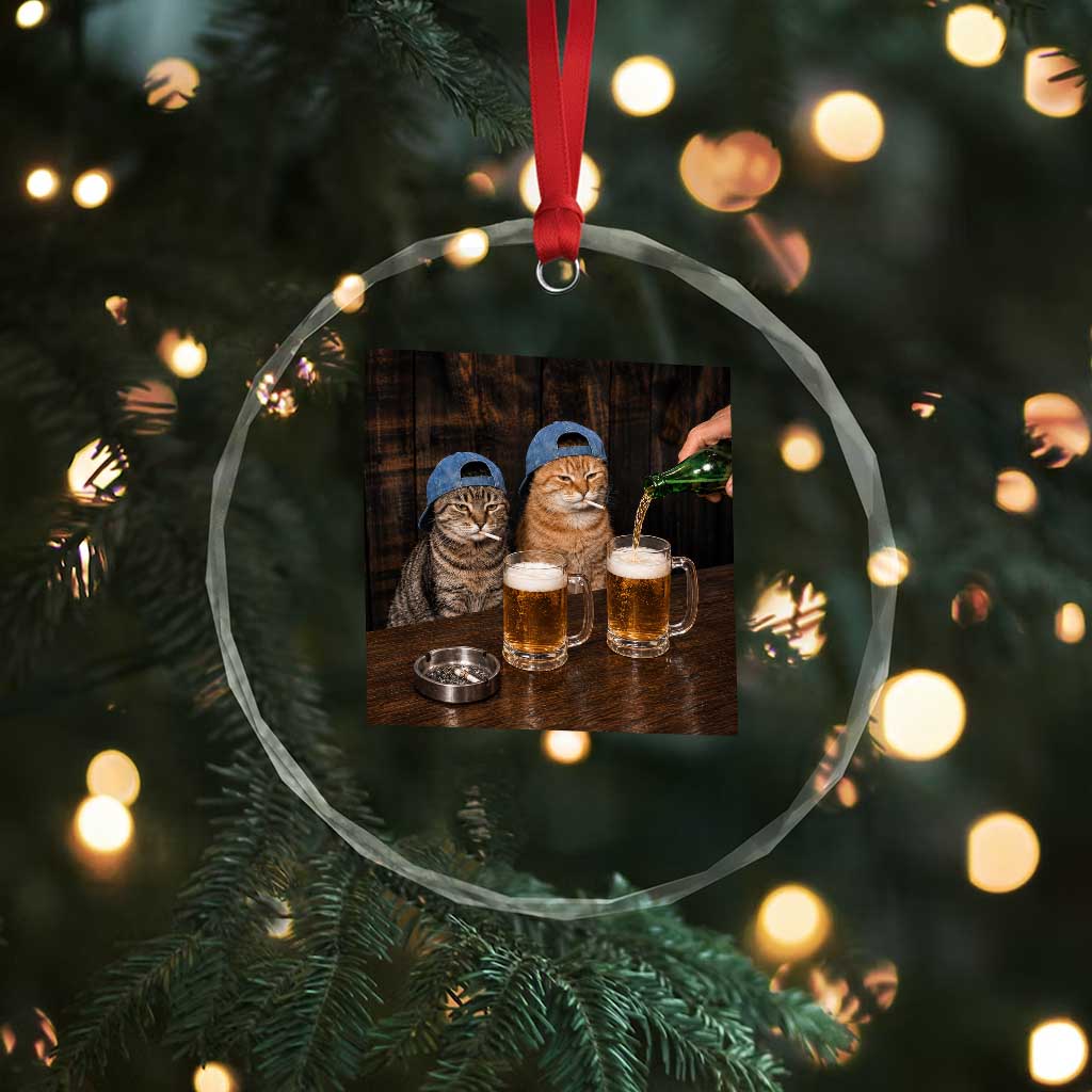 Funny Smoking Cats Drinking Beer at the Bar Crystal Glass Ornament Funny Bad Boys Cigarette Kitty Gen Z Meme