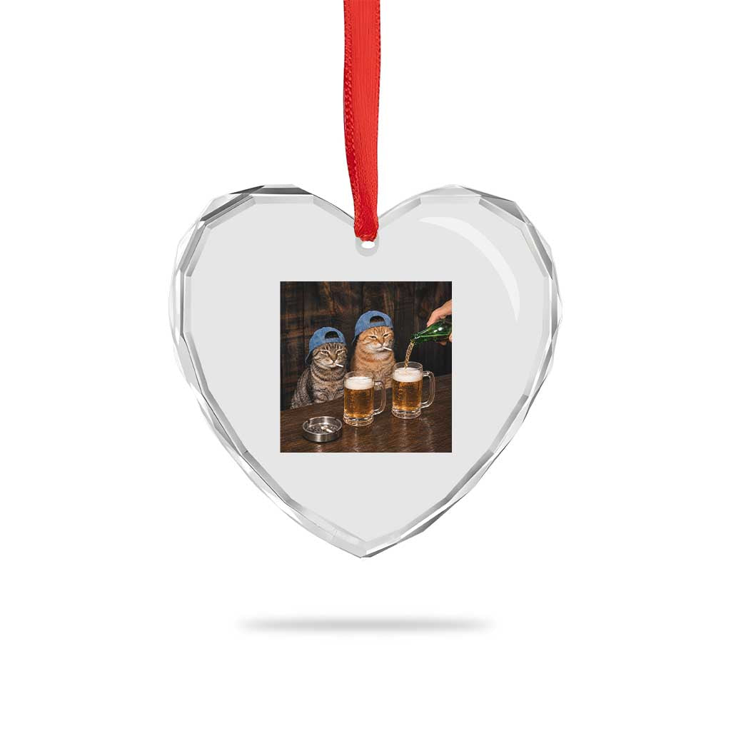 Funny Smoking Cats Drinking Beer at the Bar Heart Crystal Glass Ornament Funny Bad Boys Cigarette Kitty Gen Z Meme