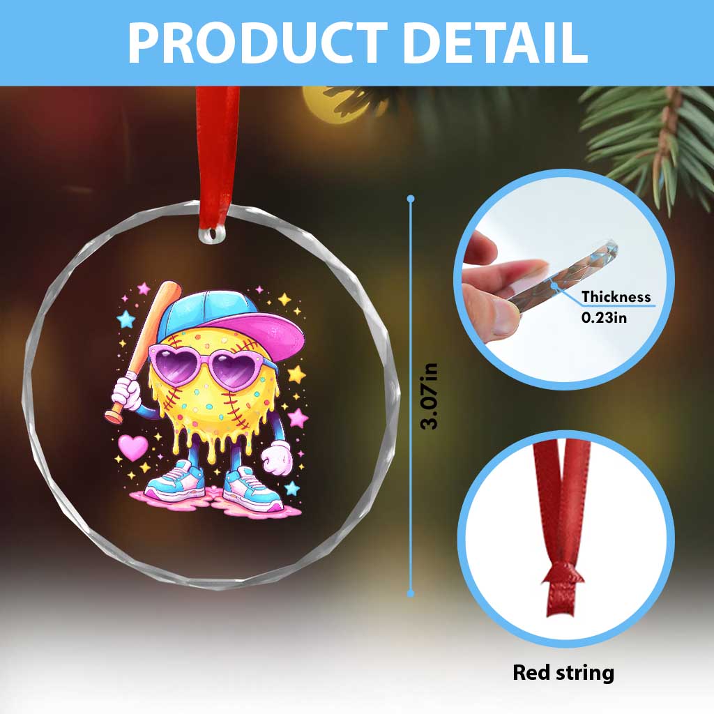 Funny Softball Drip Crystal Glass Ornament Ice Cream Sprinkles Softball Girls Kid