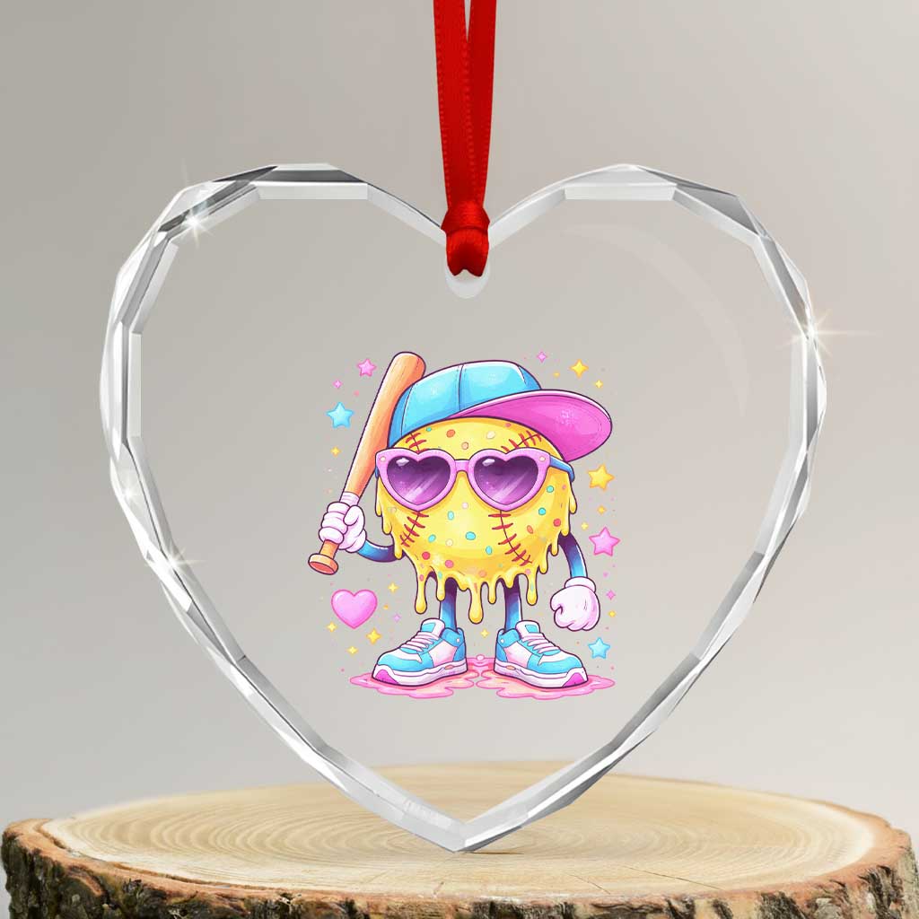Funny Softball Drip Heart Crystal Glass Ornament Ice Cream Sprinkles Softball Girls Kid