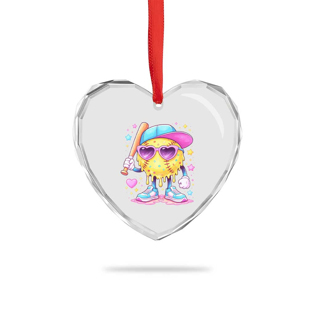 Funny Softball Drip Heart Crystal Glass Ornament Ice Cream Sprinkles Softball Girls Kid
