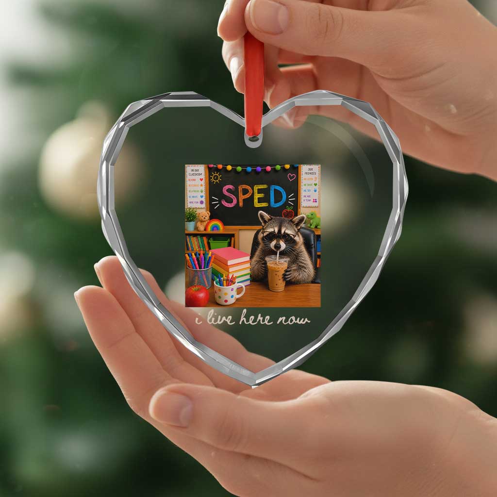 Funny SPED Raccoon Teacher Heart Crystal Glass Ornament I Live Here Now