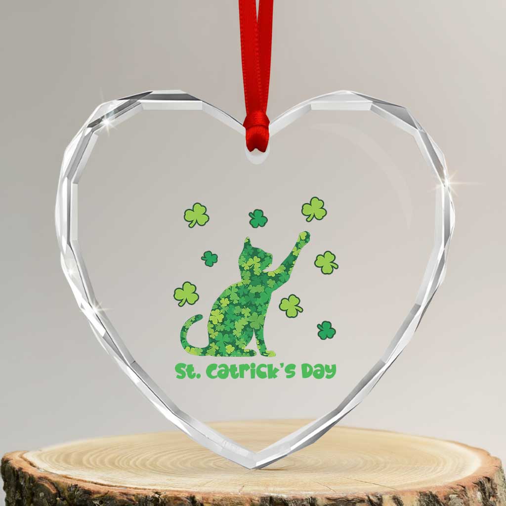 Funny St Catricks Day Heart Crystal Glass Ornament Lucky Shamrock Cat Saint Pattys