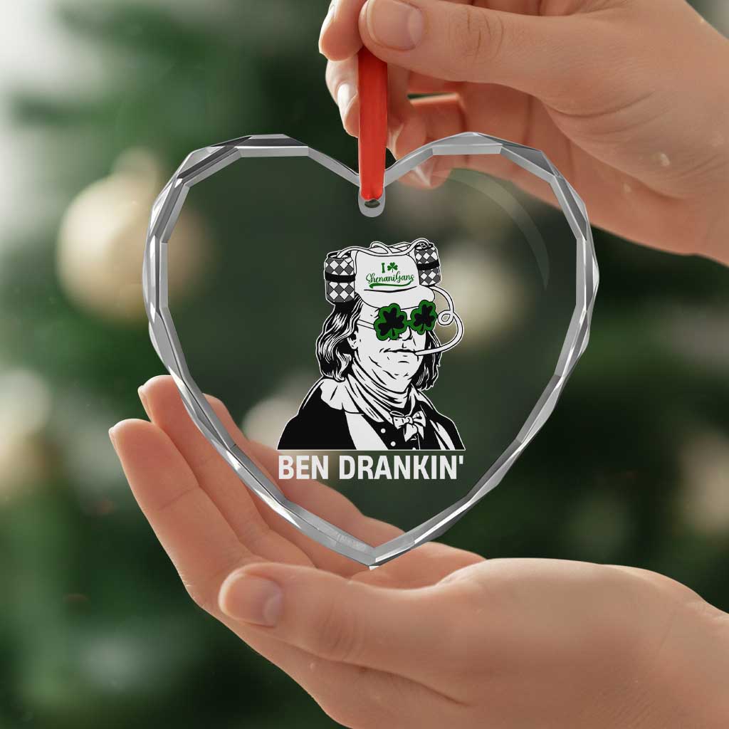 Funny St Patrick's Day Ben Dranking Heart Crystal Glass Ornament Benjamin Franklin Retro Saint Paddy's Day - Wonder Print Shop