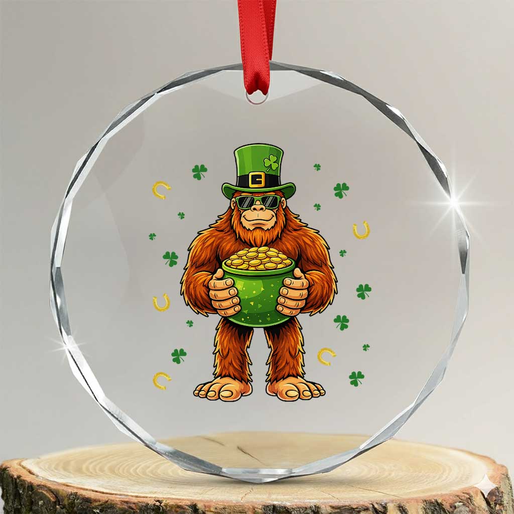 Funny St Patricks Day Bigfoot Lucky Pot Gold Sunglasses Sasquatch Crystal Glass Ornament
