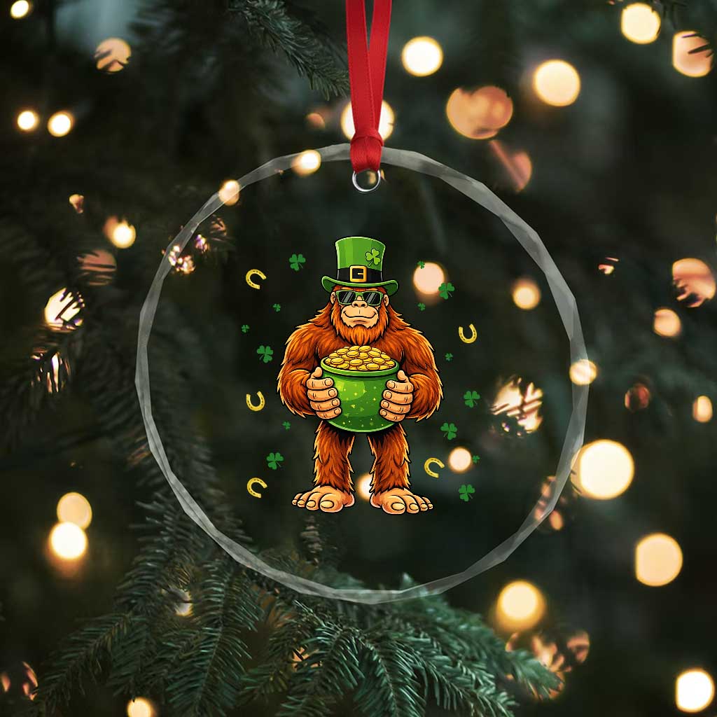 Funny St Patricks Day Bigfoot Lucky Pot Gold Sunglasses Sasquatch Crystal Glass Ornament
