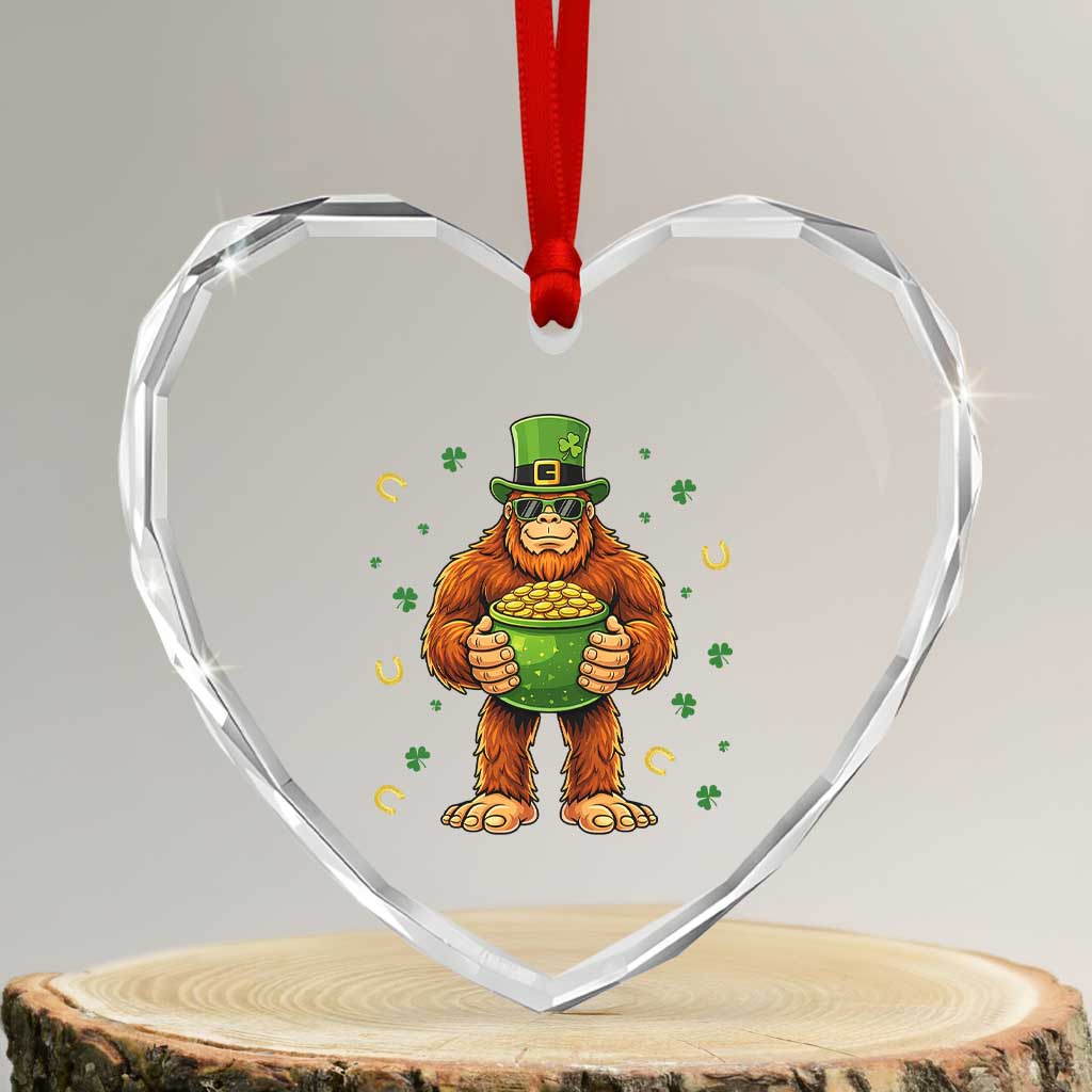 Funny St Patricks Day Bigfoot Lucky Pot Gold Sunglasses Sasquatch Heart Crystal Glass Ornament